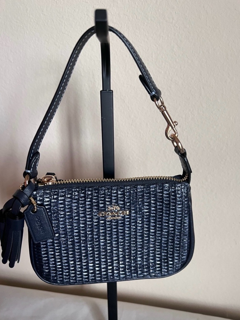 Coach Nolita 15 Navy Woven Mini Wristlet with Gold Hardware